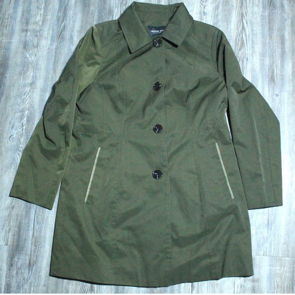 London Fog Trench Coat Women's Large Olive Green Button Front Trench Jacket